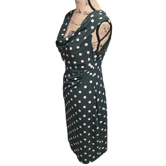 Connected Apparel Green Ivory Polka Dot Stretch Sheath Drape Neck Dress Size 10 - Picture 4 of 9